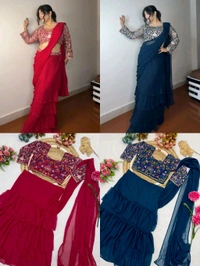 DSS 5585  Georgette Ruffle Ready To Wear Saree With Readymade Blouse Design Multi Thread Embroidery Sequence Work - Blue, 2XL-44