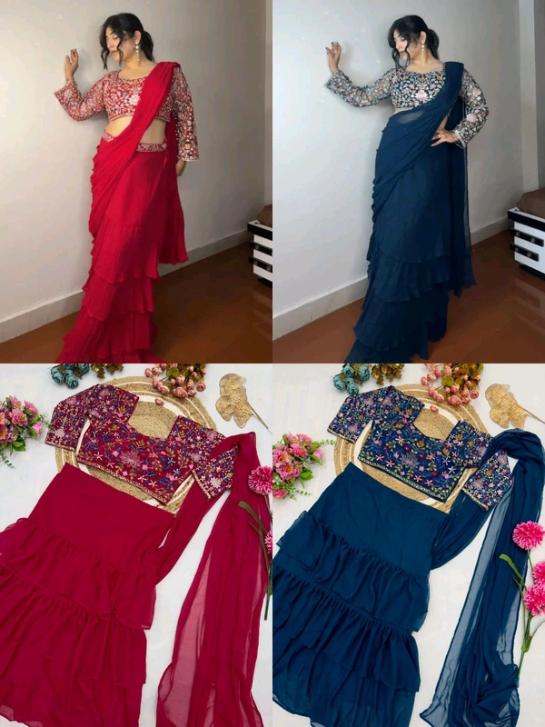 DSS 5585  Georgette Ruffle Ready To Wear Saree With Readymade Blouse Design Multi Thread Embroidery Sequence Work - Blue, 2XL-44
