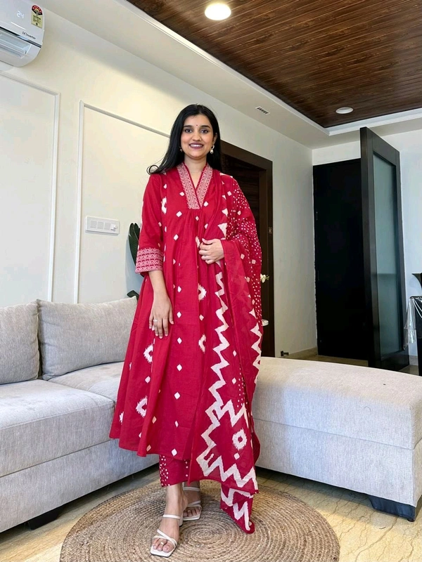 SF3  5587 New Quality *Premium Heavy Cotton Full Printer Dress With Printed Plazzo Border Handwork With Malmal Printed Dupatta - Red, XL-42
