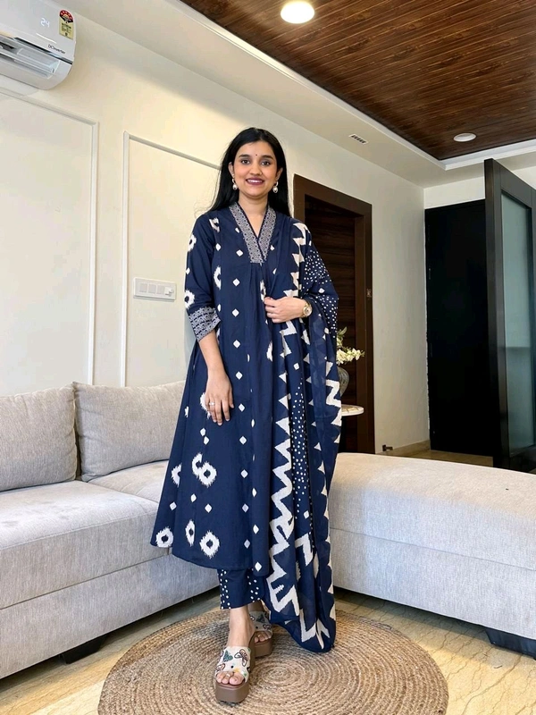 SF3  5587 New Quality *Premium Heavy Cotton Full Printer Dress With Printed Plazzo Border Handwork With Malmal Printed Dupatta - Blue, M-38