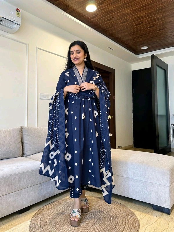 SF3  5587 New Quality *Premium Heavy Cotton Full Printer Dress With Printed Plazzo Border Handwork With Malmal Printed Dupatta - Blue, XL-42
