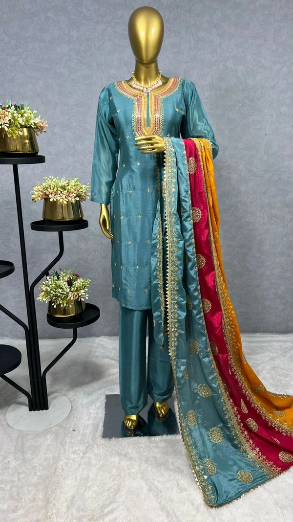 DSS 5584 *NEW EMBROIDERY WORK TOP - PENT WITH  BEAUTIFUL DUPATTA Pure chinon silk Fancy Embroidery sequence And thread work Heavy Micro Pure chinon silk - XL-42