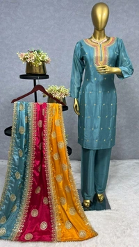 DSS 5584 *NEW EMBROIDERY WORK TOP - PENT WITH  BEAUTIFUL DUPATTA Pure chinon silk Fancy Embroidery sequence And thread work Heavy Micro Pure chinon silk - XL-42