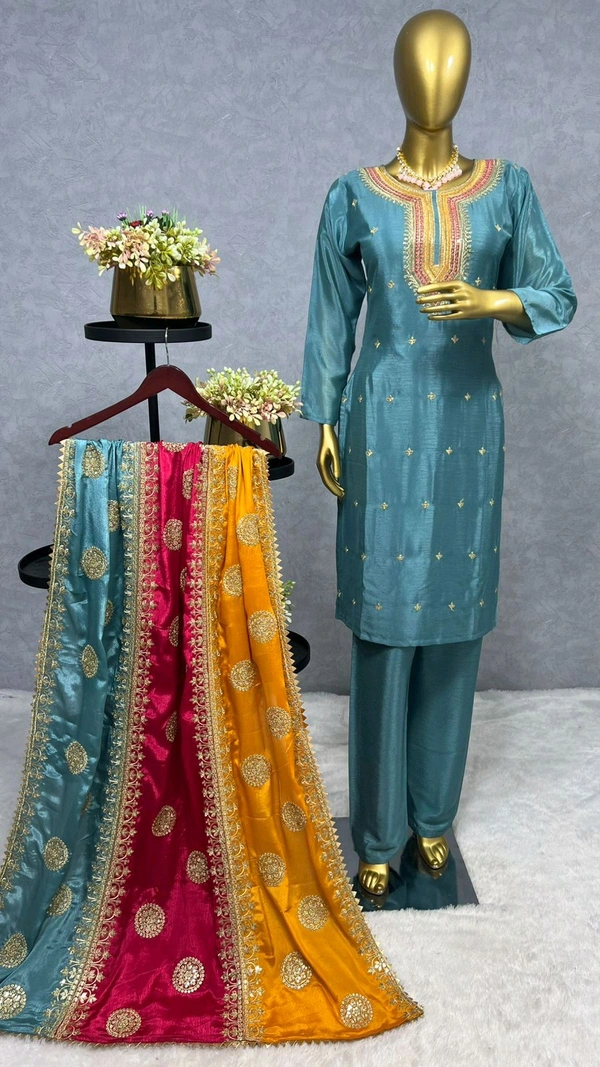 DSS 5584 *NEW EMBROIDERY WORK TOP - PENT WITH  BEAUTIFUL DUPATTA Pure chinon silk Fancy Embroidery sequence And thread work Heavy Micro Pure chinon silk - XL-42