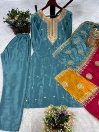 DSS 5584 *NEW EMBROIDERY WORK TOP - PENT WITH  BEAUTIFUL DUPATTA Pure chinon silk Fancy Embroidery sequence And thread work Heavy Micro Pure chinon silk - XL-42