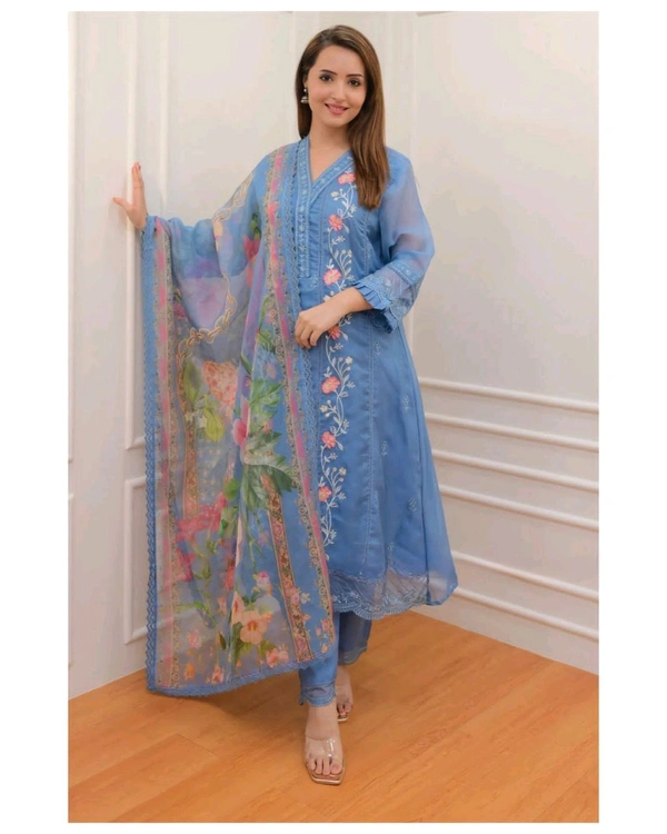 DSS 5586 New  Anarkali gown with Beautiful Featuring organza embroidery work and full lining with pent and digital organza dupatta with embroidery work lace - Blue, XL-42