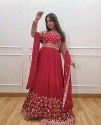 DSS 5587 *New Gown -Pent  Dupatta Set Fully Stitched Ready To Wear Pure Georgette With Heavy Embroidery 5mm Sequence Work With Sleeves Heavy Micro Cotton*Gwon - XL-42