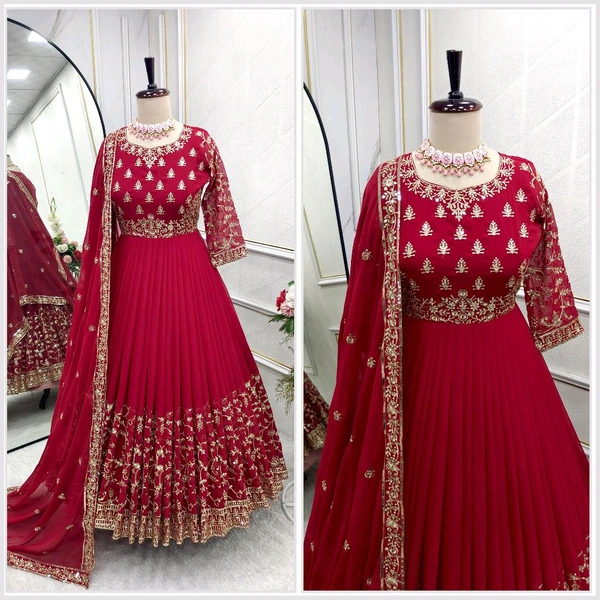 DSS 5587 *New Gown -Pent  Dupatta Set Fully Stitched Ready To Wear Pure Georgette With Heavy Embroidery 5mm Sequence Work With Sleeves Heavy Micro Cotton*Gwon - XL-42