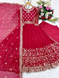 DSS 5587 *New Gown -Pent  Dupatta Set Fully Stitched Ready To Wear Pure Georgette With Heavy Embroidery 5mm Sequence Work With Sleeves Heavy Micro Cotton*Gwon - XL-42