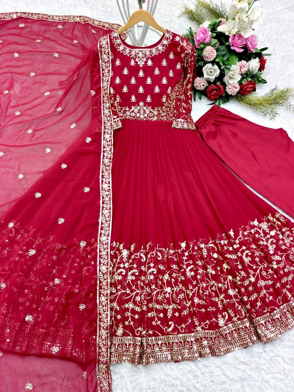 DSS 5587 *New Gown -Pent  Dupatta Set Fully Stitched Ready To Wear Pure Georgette With Heavy Embroidery 5mm Sequence Work With Sleeves Heavy Micro Cotton*Gwon - XL-42