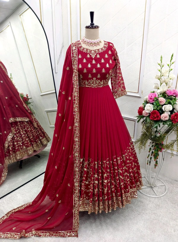 DSS 5587 *New Gown -Pent  Dupatta Set Fully Stitched Ready To Wear Pure Georgette With Heavy Embroidery 5mm Sequence Work With Sleeves Heavy Micro Cotton*Gwon - 2XL-44