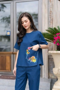 KD18  5592 *PRETTY POCKET EMBROIDERED COORDSET*: Cotton  - L-40