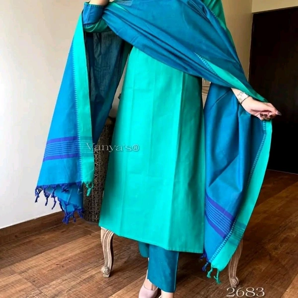 NEV 5593 *South cotton handloom kurti with temple border on yoke and sleeves Paried with handloom cotton pants and dupatta**🌹🌹Pure fine South cotton fabric handloom cotton dupatta - XL-42