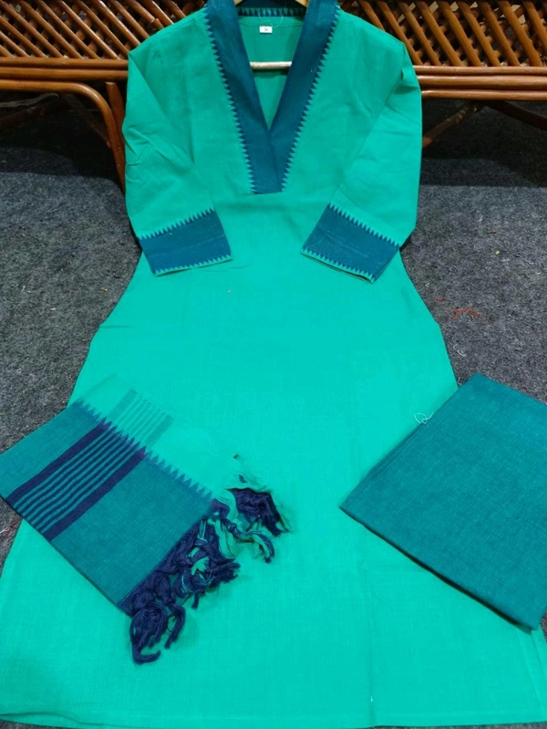 NEV 5593 *South cotton handloom kurti with temple border on yoke and sleeves Paried with handloom cotton pants and dupatta**🌹🌹Pure fine South cotton fabric handloom cotton dupatta - XL-42