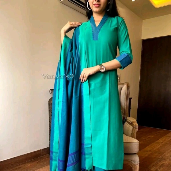 NEV 5593 *South cotton handloom kurti with temple border on yoke and sleeves Paried with handloom cotton pants and dupatta**🌹🌹Pure fine South cotton fabric handloom cotton dupatta - 2XL-44