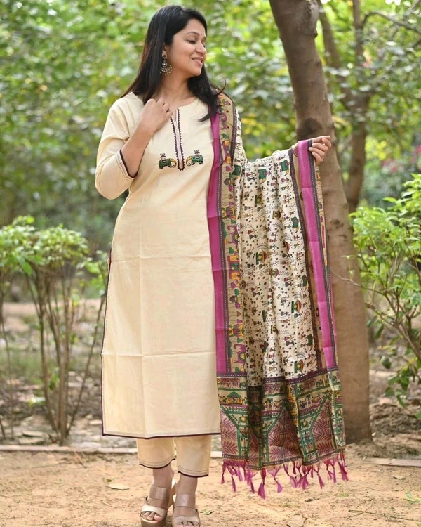 NEV 5594  New*Cotton cream veg kurta adorned with zari elephant motifs. With pant and warli print khadi silk dupatta  - 2XL-44