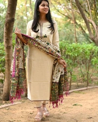 NEV 5594  New*Cotton cream veg kurta adorned with zari elephant motifs. With pant and warli print khadi silk dupatta  - 3XL-46