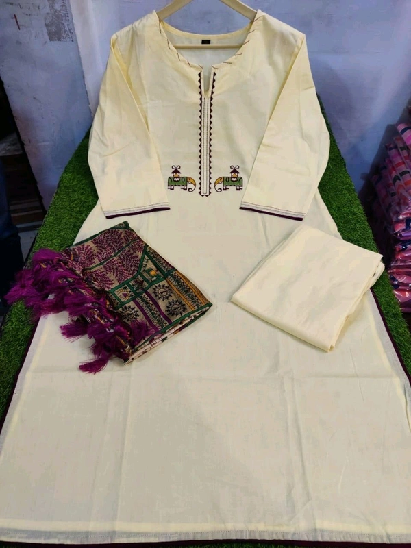 NEV 5594  New*Cotton cream veg kurta adorned with zari elephant motifs. With pant and warli print khadi silk dupatta  - 3XL-46