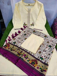 NEV 5594  New*Cotton cream veg kurta adorned with zari elephant motifs. With pant and warli print khadi silk dupatta  - 3XL-46