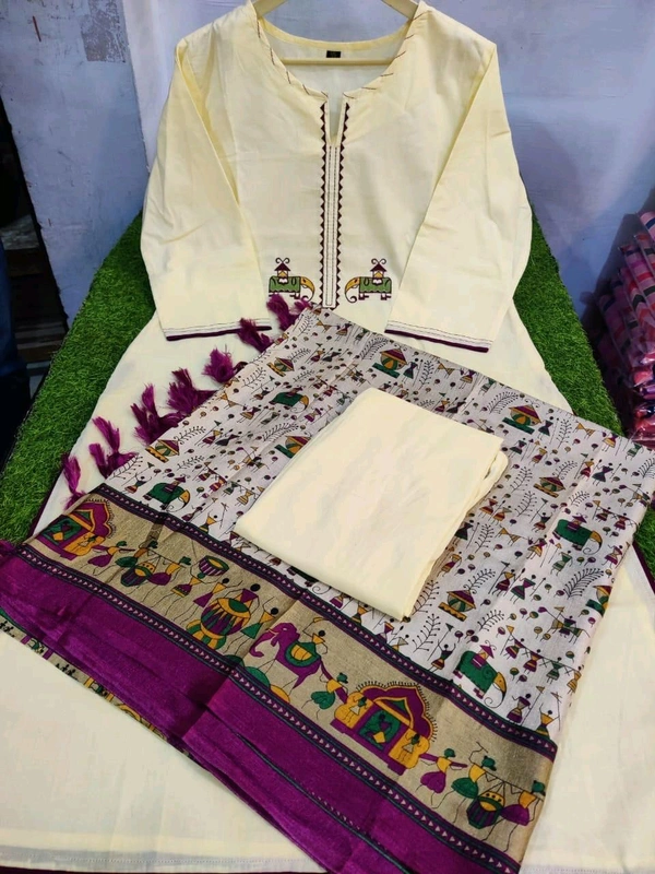 NEV 5594  New*Cotton cream veg kurta adorned with zari elephant motifs. With pant and warli print khadi silk dupatta  - 3XL-46