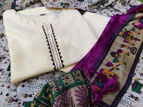 NEV 5594  New*Cotton cream veg kurta adorned with zari elephant motifs. With pant and warli print khadi silk dupatta  - 3XL-46