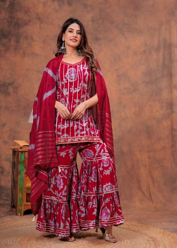 EVN 5599  New style kurti with sharara and dupatta sets _heavy muslin beautiful hand work lass - Red, M-38