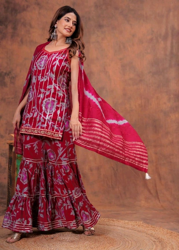 EVN 5599  New style kurti with sharara and dupatta sets _heavy muslin beautiful hand work lass - Red, M-38