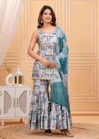 EVN 5599  New style kurti with sharara and dupatta sets _heavy muslin beautiful hand work lass - Blue, S-36