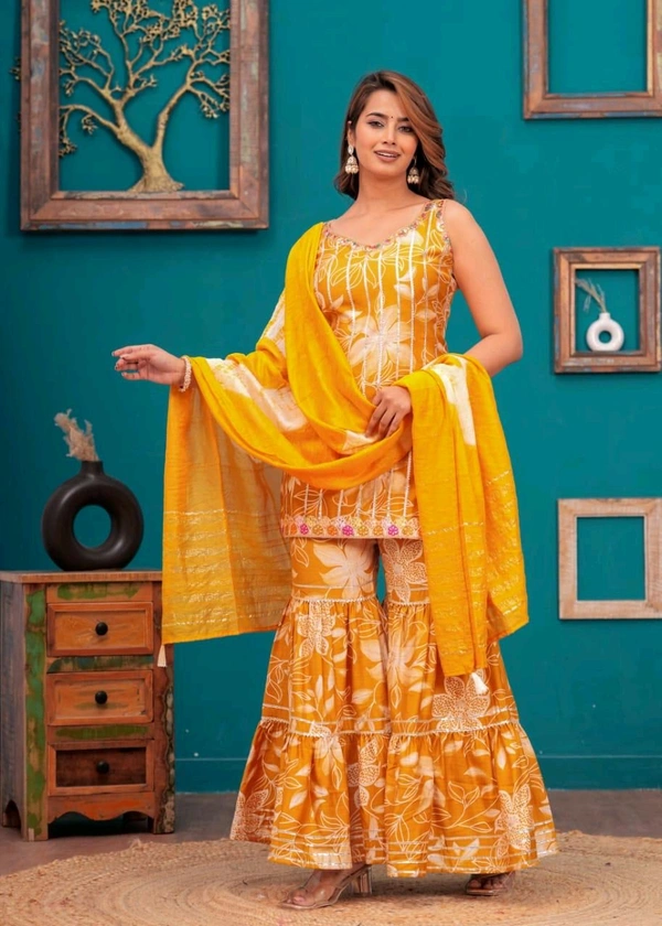 EVN 5599  New style kurti with sharara and dupatta sets _heavy muslin beautiful hand work lass - Yellow, L-40