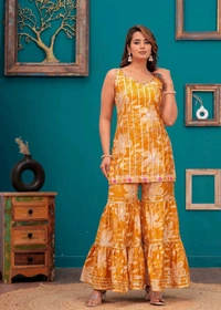 EVN 5599  New style kurti with sharara and dupatta sets _heavy muslin beautiful hand work lass - Yellow, L-40