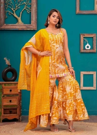 EVN 5599  New style kurti with sharara and dupatta sets _heavy muslin beautiful hand work lass - Yellow, L-40