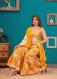 EVN 5599  New style kurti with sharara and dupatta sets _heavy muslin beautiful hand work lass - Yellow, XL-42