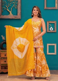 EVN 5599  New style kurti with sharara and dupatta sets _heavy muslin beautiful hand work lass - Yellow, 2XL-44