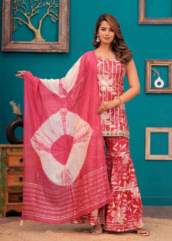 EVN 5599  New style kurti with sharara and dupatta sets _heavy muslin beautiful hand work lass - Red Watermelon, M-38