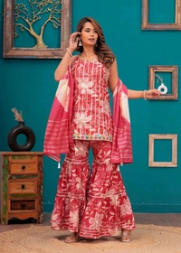 EVN 5599  New style kurti with sharara and dupatta sets _heavy muslin beautiful hand work lass - Red Watermelon, XL-42