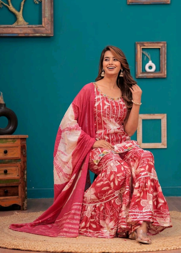 EVN 5599  New style kurti with sharara and dupatta sets _heavy muslin beautiful hand work lass - Red Watermelon, 2XL-44
