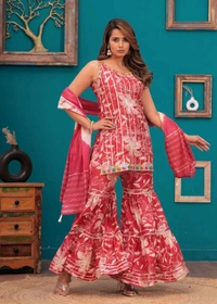 EVN 5599  New style kurti with sharara and dupatta sets _heavy muslin beautiful hand work lass - Red Watermelon, 2XL-44