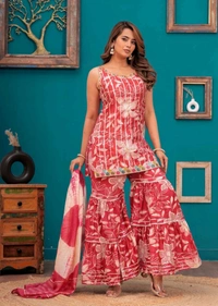 EVN 5599  New style kurti with sharara and dupatta sets _heavy muslin beautiful hand work lass - Red Watermelon, 2XL-44