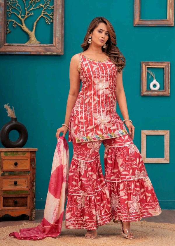 EVN 5599  New style kurti with sharara and dupatta sets _heavy muslin beautiful hand work lass - Red Watermelon, 2XL-44
