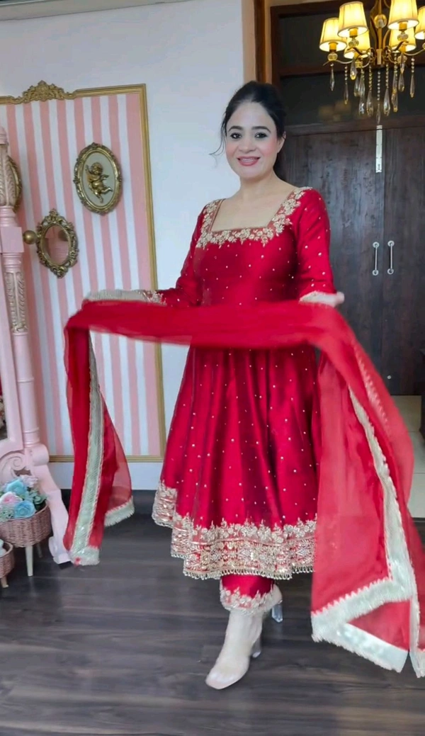 DSS 5602 New Pur Vichitra Silk Anarkali Gown,Dupatta & Pent  Heavy Pur Vichitra Silk With Embroidery 5 mm Sequence Work With Fancy Latkan Border - 2XL-44