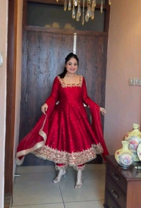 DSS 5602 New Pur Vichitra Silk Anarkali Gown,Dupatta & Pent  Heavy Pur Vichitra Silk With Embroidery 5 mm Sequence Work With Fancy Latkan Border - 2XL-44