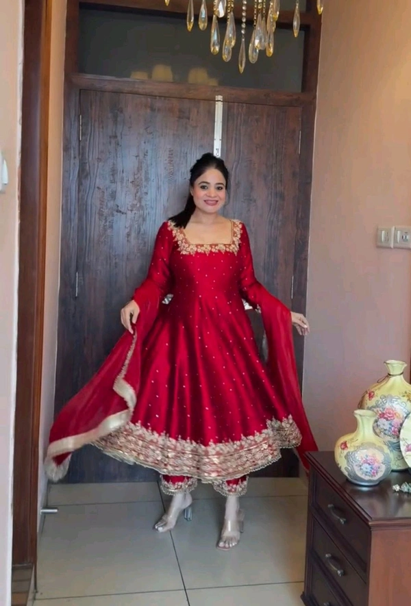 DSS 5602 New Pur Vichitra Silk Anarkali Gown,Dupatta & Pent  Heavy Pur Vichitra Silk With Embroidery 5 mm Sequence Work With Fancy Latkan Border - 2XL-44
