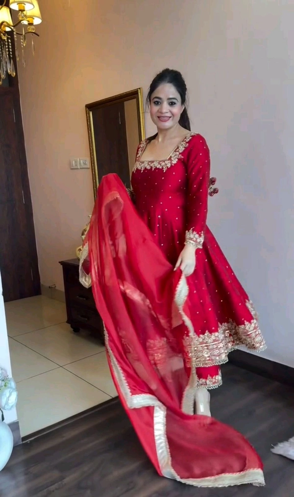 DSS 5602 New Pur Vichitra Silk Anarkali Gown,Dupatta & Pent  Heavy Pur Vichitra Silk With Embroidery 5 mm Sequence Work With Fancy Latkan Border - 2XL-44