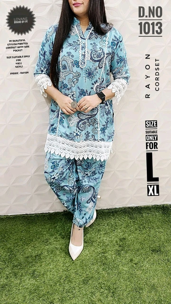 PFD 1013 *PF   BEAUTIFUL STYLISH  PRINTED CORDSET -SUPERB QUALITY RAYON STUFF - Blue, L-40