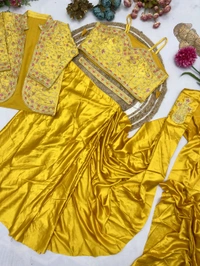 DSS 5603 * Ready To Wear Saree With Jacket Saree Heavy Diamond Satin Multi Thread Embroidery Patch Work Butta - Yellow, 2XL