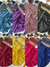 DSS 5603 * Ready To Wear Saree With Jacket Saree Heavy Diamond Satin Multi Thread Embroidery Patch Work Butta - Yellow, 2XL