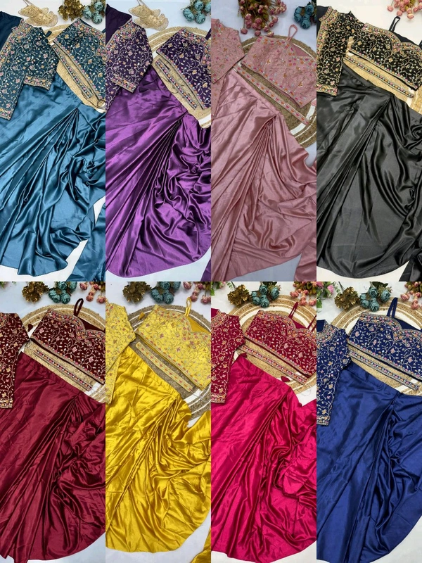 DSS 5603 * Ready To Wear Saree With Jacket Saree Heavy Diamond Satin Multi Thread Embroidery Patch Work Butta - Yellow, 2XL
