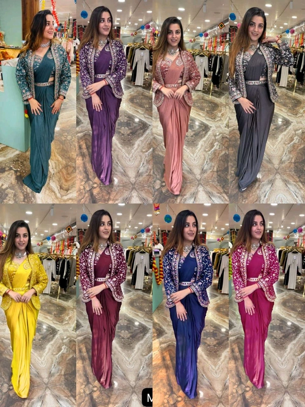 DSS 5603 * Ready To Wear Saree With Jacket Saree Heavy Diamond Satin Multi Thread Embroidery Patch Work Butta - Yellow, 2XL