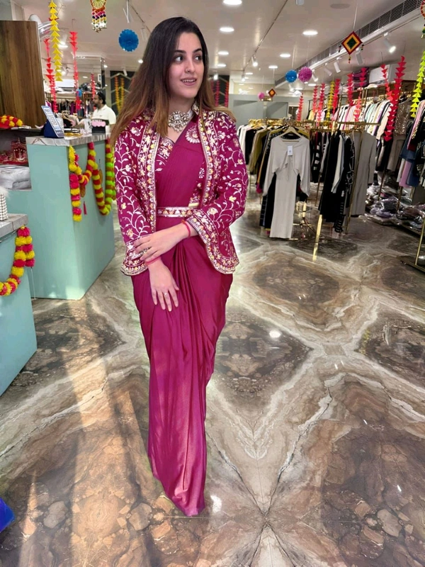 DSS 5603 * Ready To Wear Saree With Jacket Saree Heavy Diamond Satin Multi Thread Embroidery Patch Work Butta - Pink, 2XL