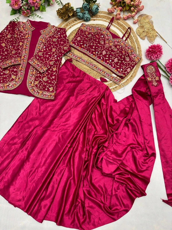 DSS 5603 * Ready To Wear Saree With Jacket Saree Heavy Diamond Satin Multi Thread Embroidery Patch Work Butta - Red, 2XL